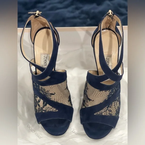 Jimmy Choo Vantage Suede Lace Navy Heels size 6 - Picture 2 of 10